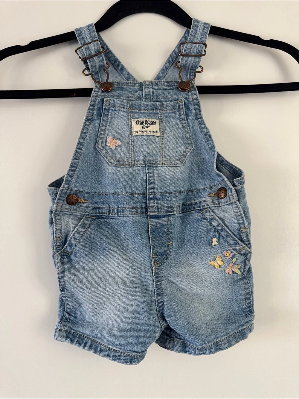 OshKosh B'gosh Light Blue Denim Short Overalls with Floral Embroidery
